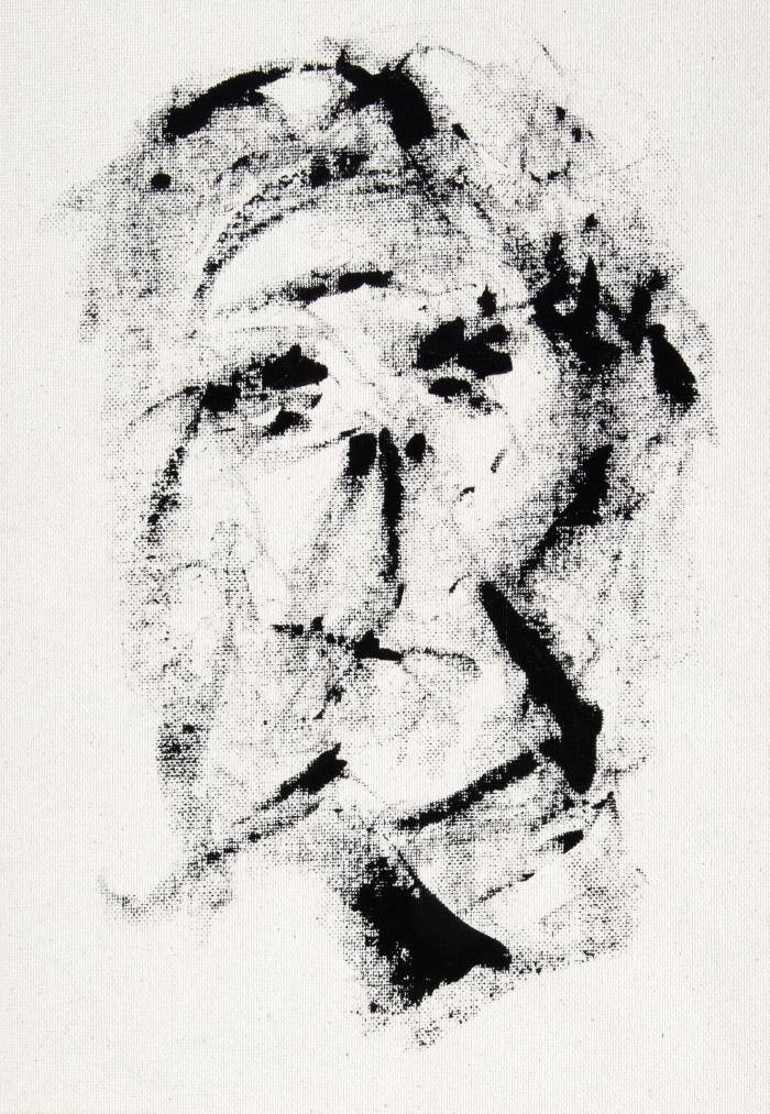 An abstract painting of a face. The background is white and the paint is black.
